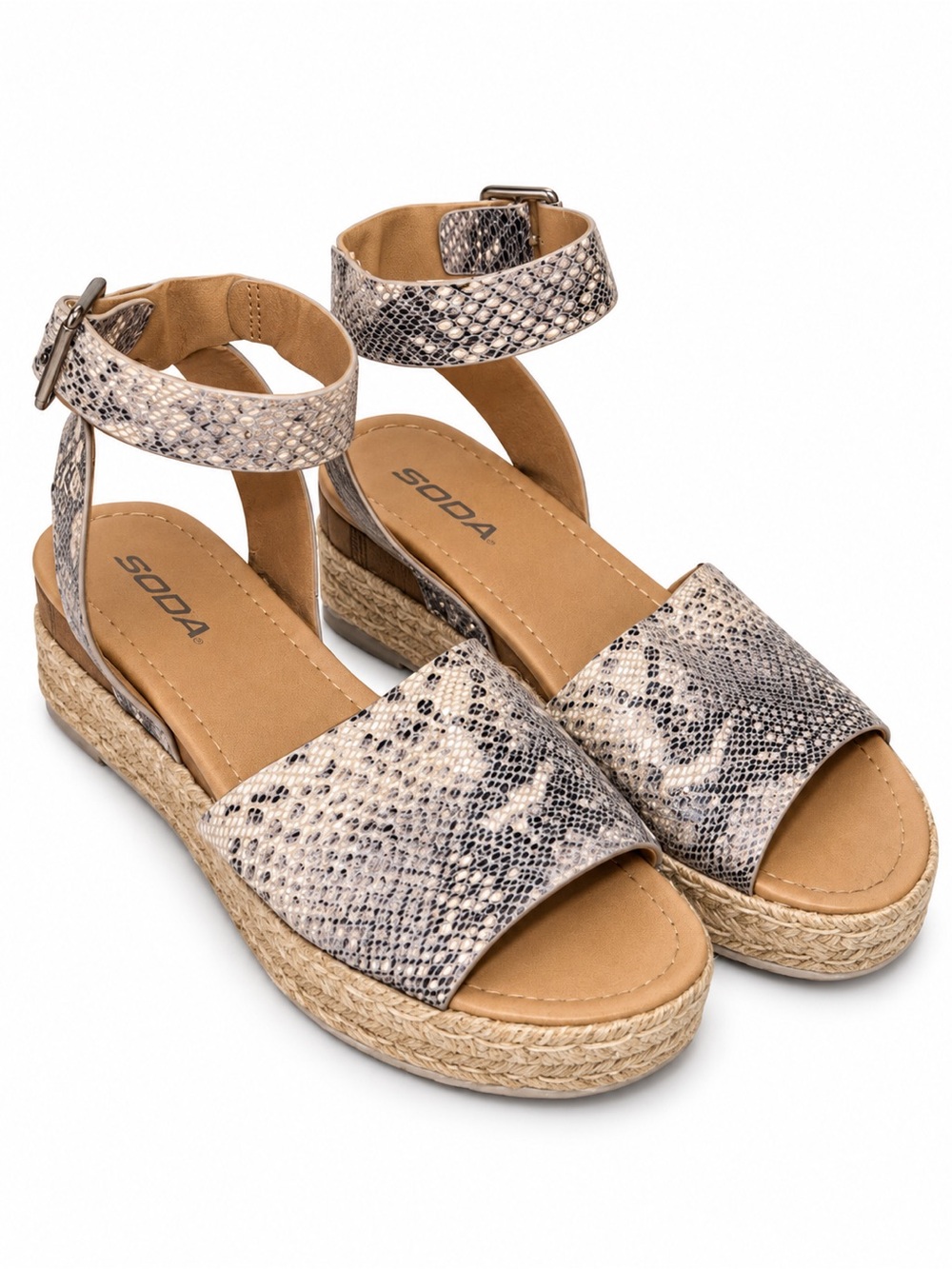 Soda Beige Snake-Print Ankle Strap Espadrille Sandals